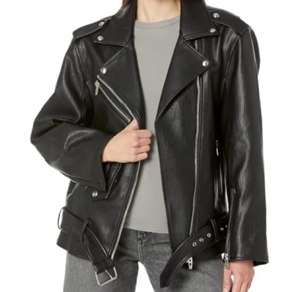 New Blank NYC vegan leather long belted Moto Jacket with zipper oversized size S